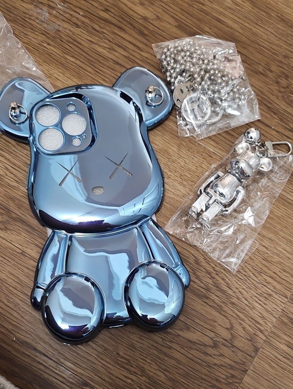 Blue Metallic Bear Phone Case with Silver Bear Bell Keychain Iphone 13 Pro Max - Picture 2 of 7